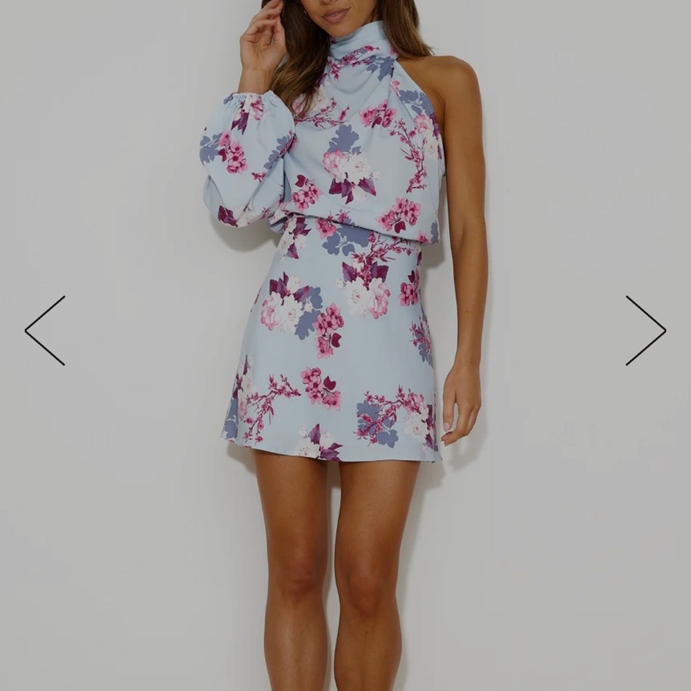 Hello Molly One Shoulder Floral Dress - Blue and Pink